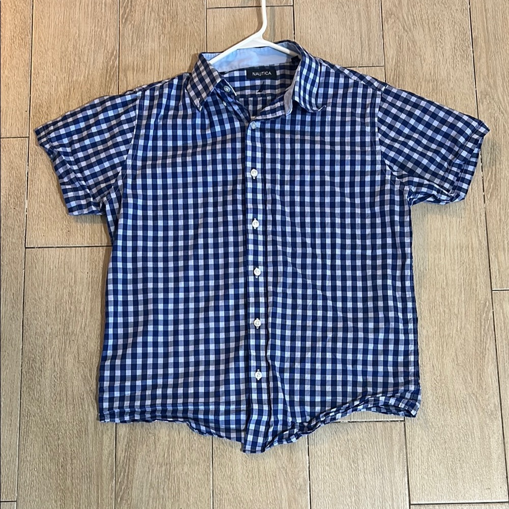 Nautica Navy Checkered Gingham Plaid Boys Button Down Shirt Short Sleeve - Picture 7 of 8